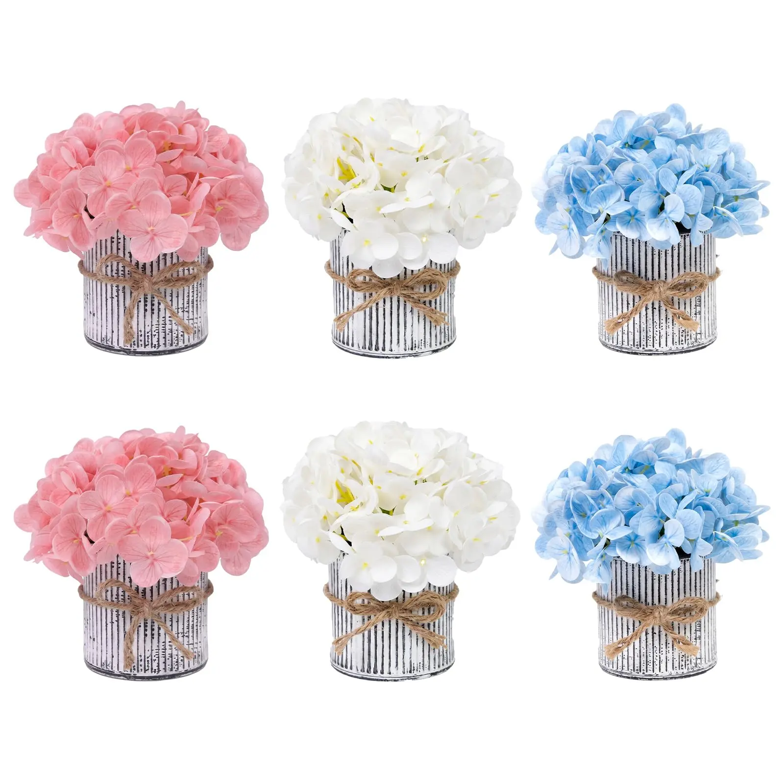Set of 6 Pre-Made Artificial Deep Pink Rose & Hydrangea Floral Arrangements with Rustic Metal Pot, Wedding Table Centerpieces