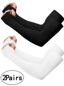 2 Pairs UV Sun Protection Arm Sleeves with Thumb Hole for Men Women Youth, Cooling Sleeve to Cover Tattoo, Mid-Compression