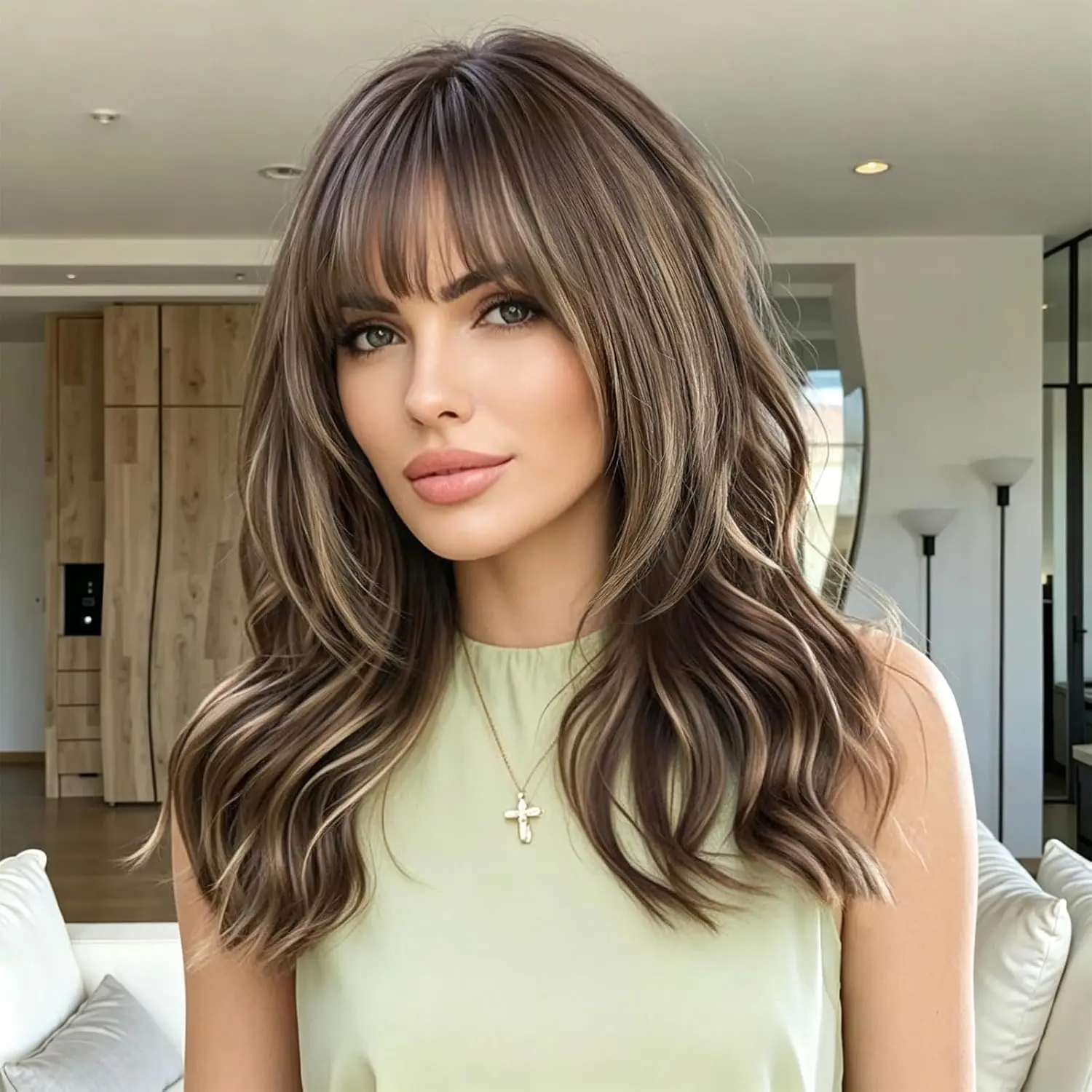 Brown Highlight Wig with Bangs for Women Layered to Wavy 18 In | Beginner Friendly 4x4 Realistic Scalp  Looking  Framing Layers Lightweight Soft Heat Resistant Fiber Daily Wear