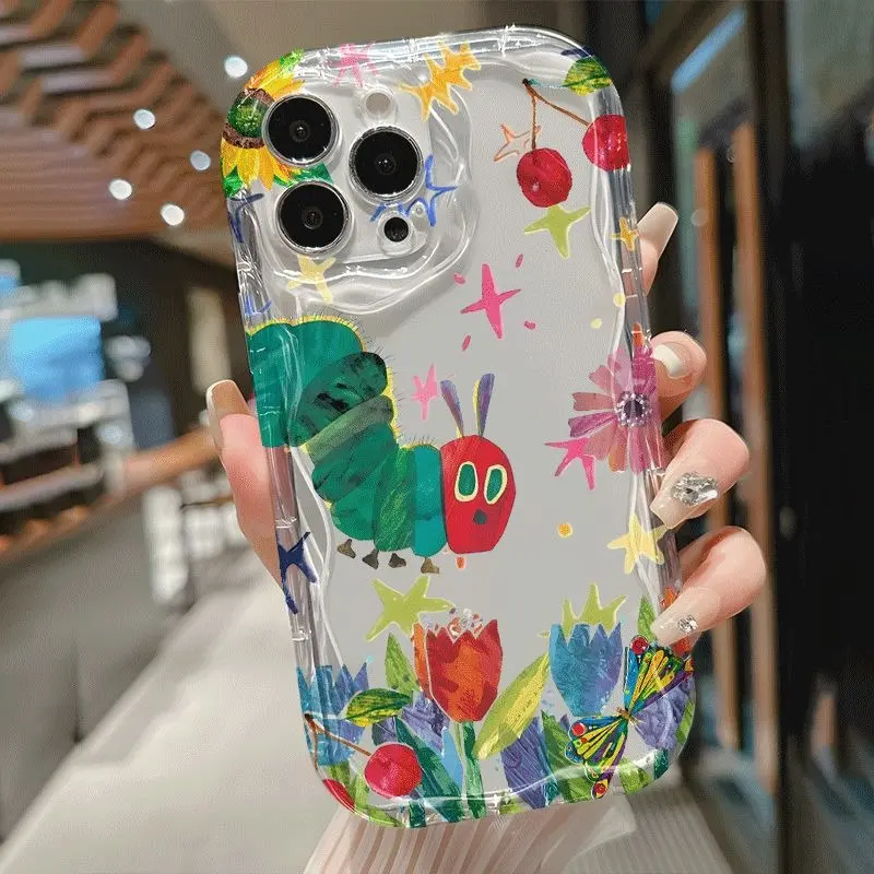 Cartoon caterpillar floral pattern with transparent cow print, drop-proof and scratch-resistant, suitable for iPhone 17/16/15/14/13/12/11/X/XS/XSMAX. Trendy and personalized gift, a must-have for friends or fashionistas, perfect holiday gift for friends