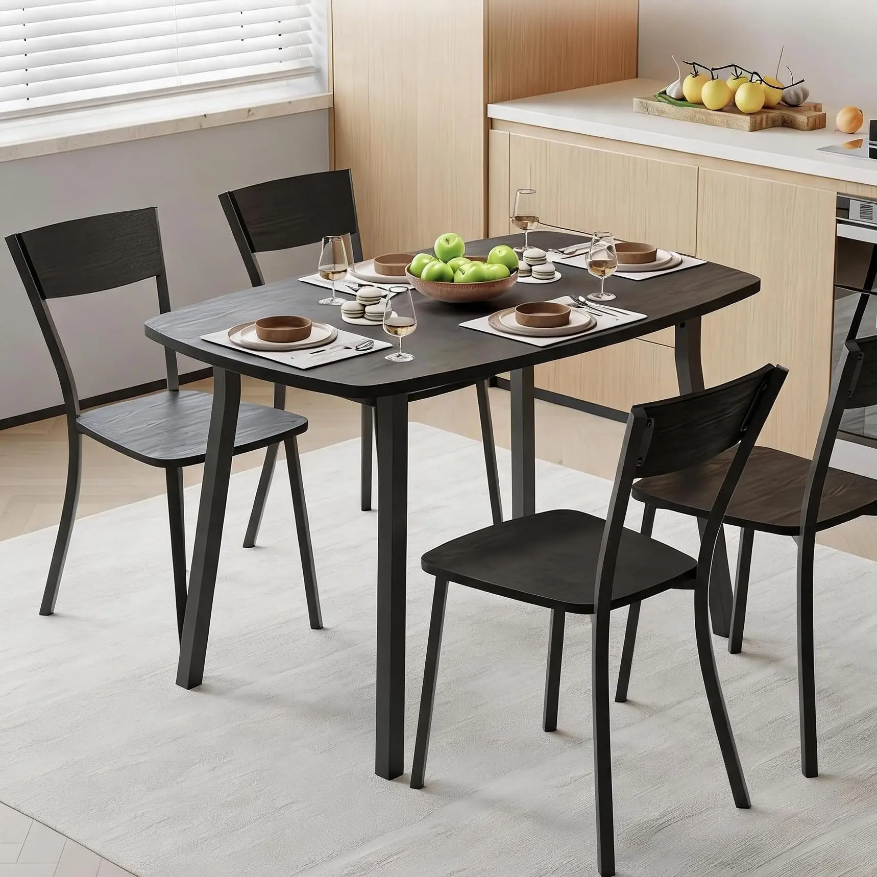Space-Saving 5-Piece Dining Table Set for 4 - 43.3" Square MDF Kitchen Table + 4 Trapezoid-Back Chairs - Rounded Corners, Steel Tube Legs - Dining Room Set - Rustic/Vintage