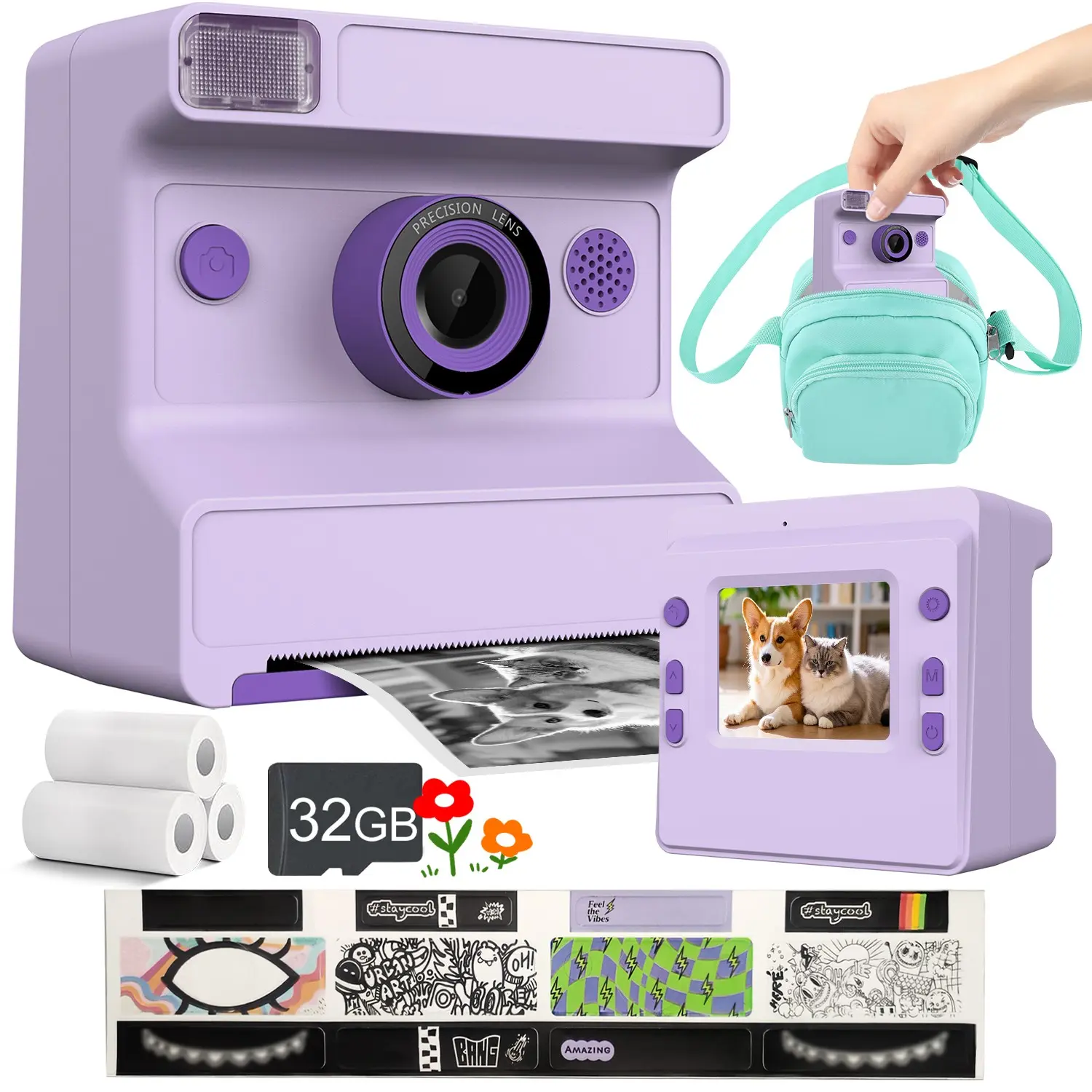 Kids Instant Camera 48mp 1080P Video, 8x Zoom, 5 Games, Music, Flash, 3 Rolls Paper, 5 Filters, Timer, Perfect Gift for Toddlers, Camera Instant Print