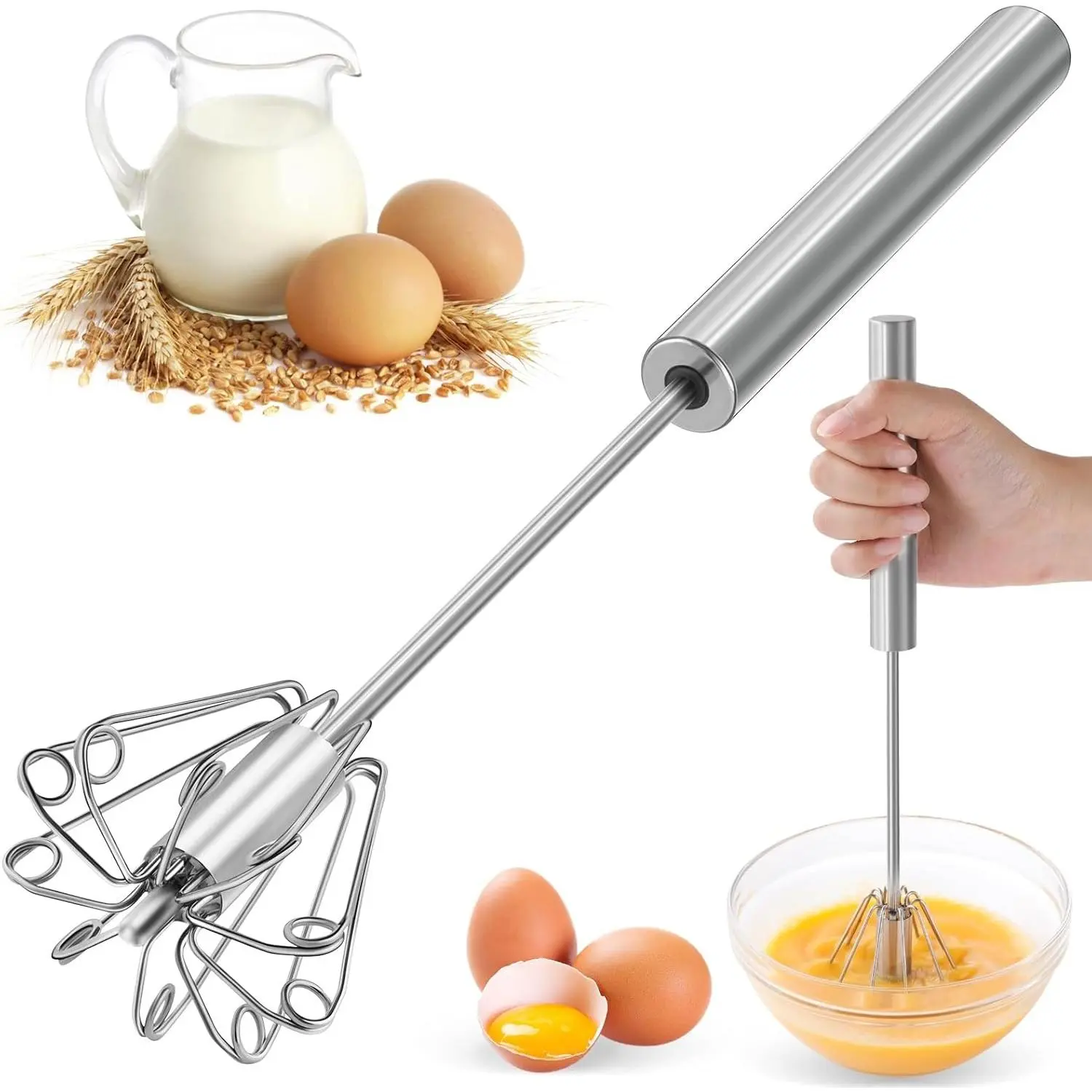2026 Upgraded 12in Semi-Automatic Stainless Steel Egg Beater, Hand Push Whisk for Baking Cooking Stirring, Effortless Smooth Mixing for Eggs Batters Creams