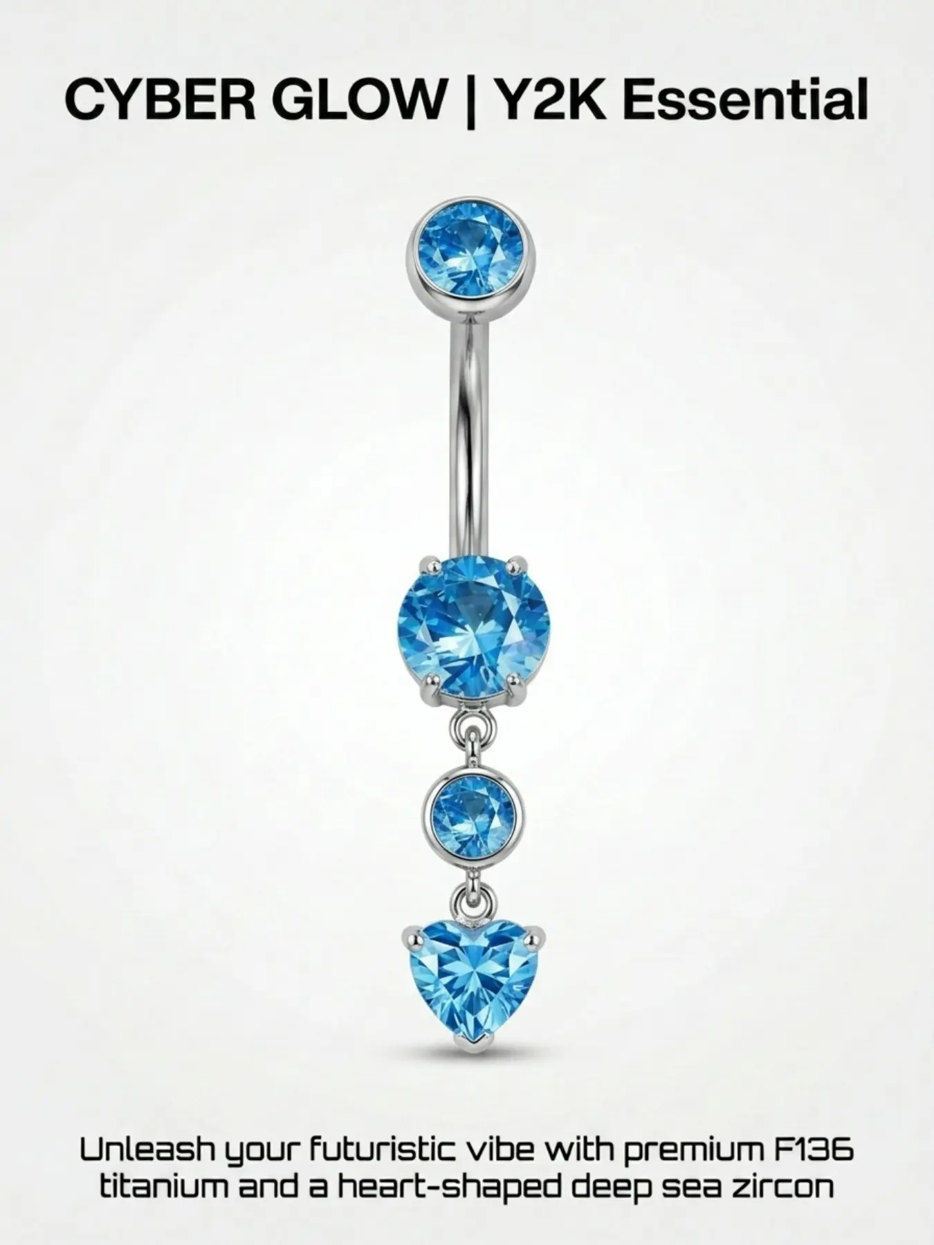 F136 Titanium Belly Button Ring G23 Navel Piercing Deep Blue Zirconia Heart Top Internally Threaded Y2K Cyber Glow Cyberpunk Jewelry for Women Implant Grade Hypoallergenic Body Jewelry Hot Girl Summer Fashion Accessory