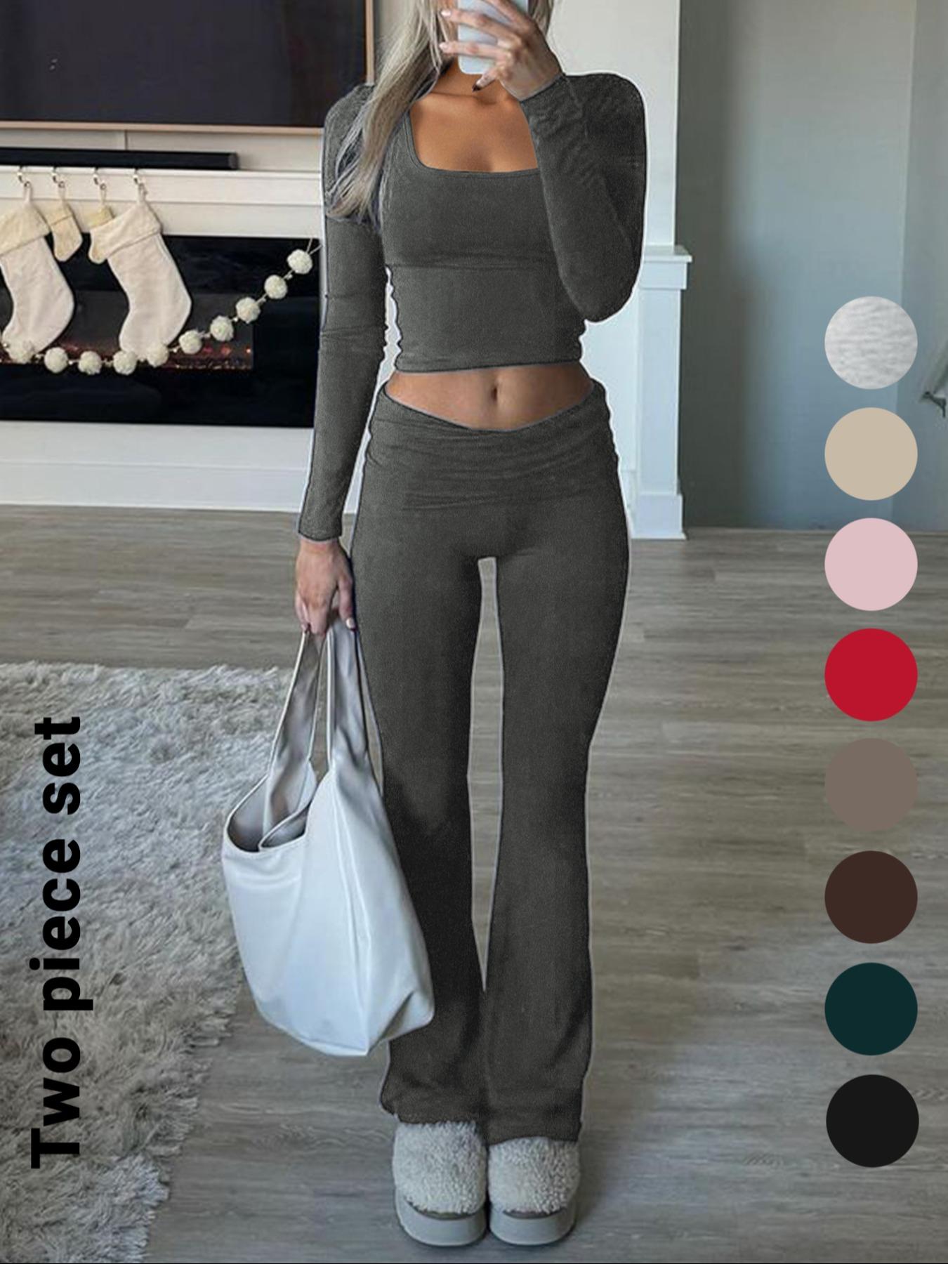 Women's Solid Color Square Neck Crop Tee & Flare Leg Pants Two-Piece Set, Casual Fashion Cozy Two Piece Outfits for Daily Outdoor Wear,Airport Outfit, Cropped Top