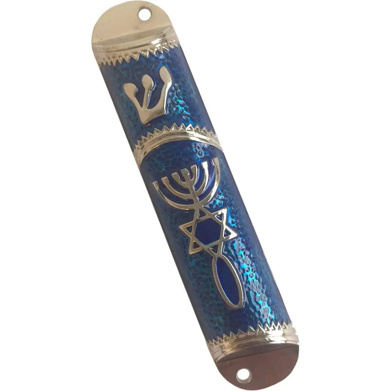 Mezuzah for Door, Messianic Seal, 4.1 in, Dark Blue/Silver | Zinc alloy, handcrafted in Israel. Scroll, 2 screws, instructions and seal card.