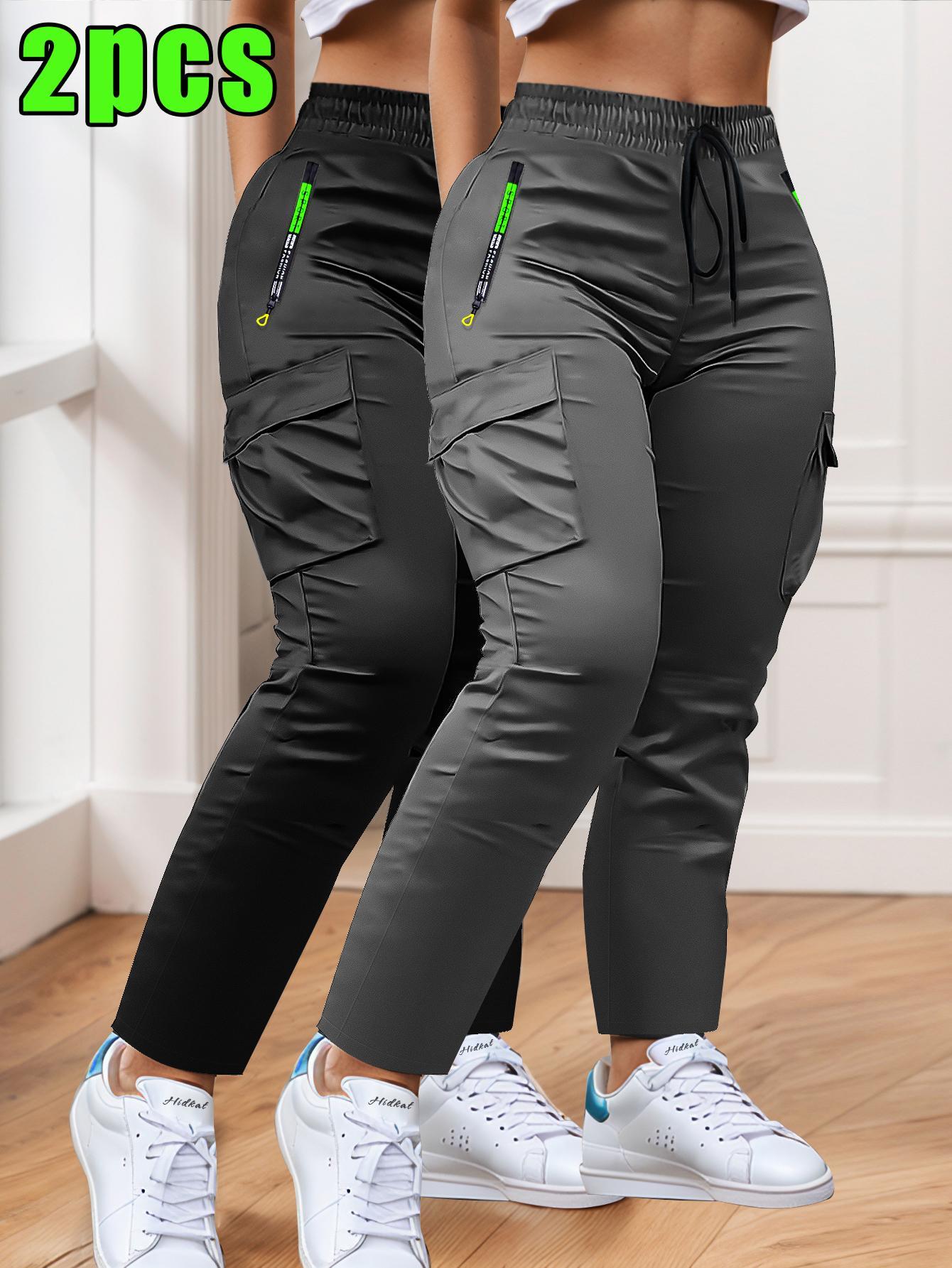 Women's 2 Pack Cargo Joggers, Women's Zipper Pocket Cargo Pants, Women's Athletic Cargo Trousers, Women's Elastic Waist Cargo Pants