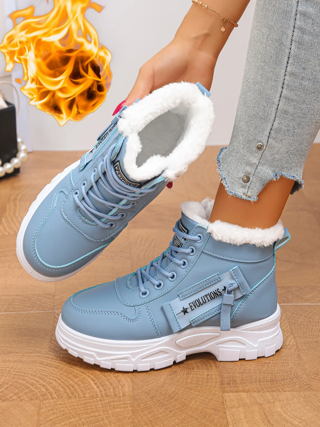 Women Winter Fleece Lined High Top Sneakers, Lace Up Platform Ankle Boots, Non Slip Warm Plush Lined, Casual Walking Snow Boots, Anti Slip Boots