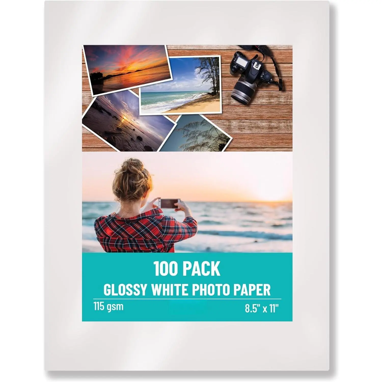 Thin Glossy Photo Paper, 100 Sheets, 8.5 x 11", 30 lb, 115gsm, Inkjet Photo Paper, for Brochure Printing, Custom Chip Bag Party Favors, Letter Size, 100-Count Pack