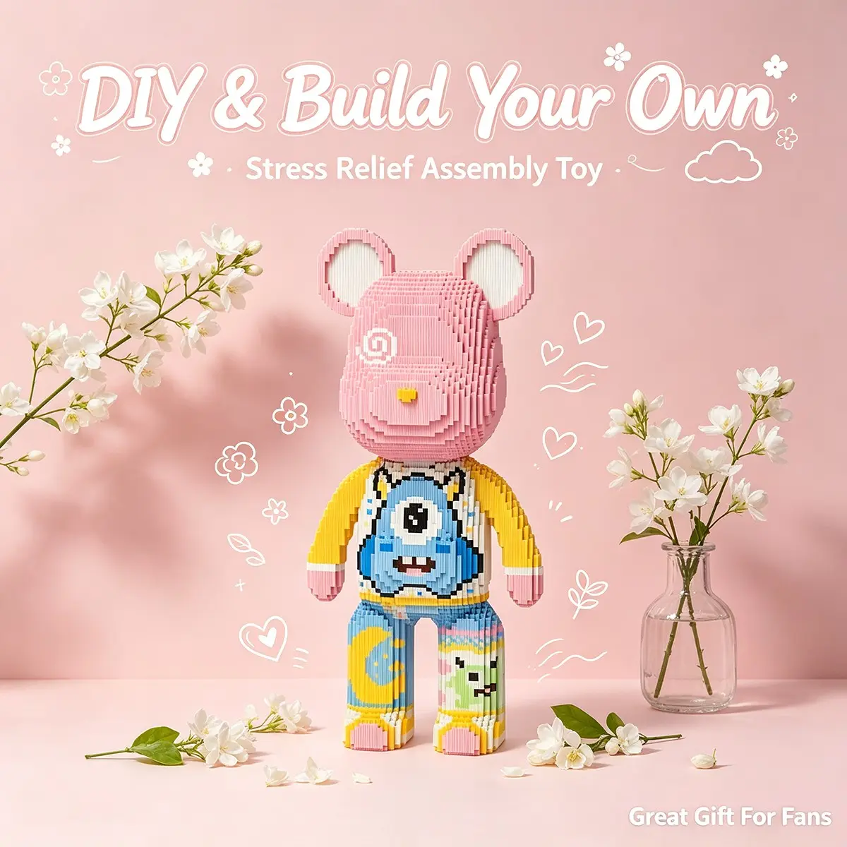Small Flower Healing Bear 3D Puzzle Block Decor, Ideal for Home Office Shelves, Party Decoration, Perfect Gift for Holidays
