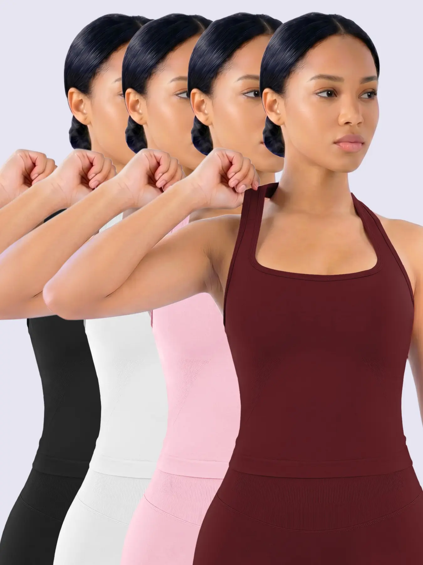 1/2/3/4 Pcs Women's Yoga Halter Neck Tank Top with Removable Pads, Three-Layer Seamless Backless Tank Tops Casual Solid Color Soft All Seasons Wear