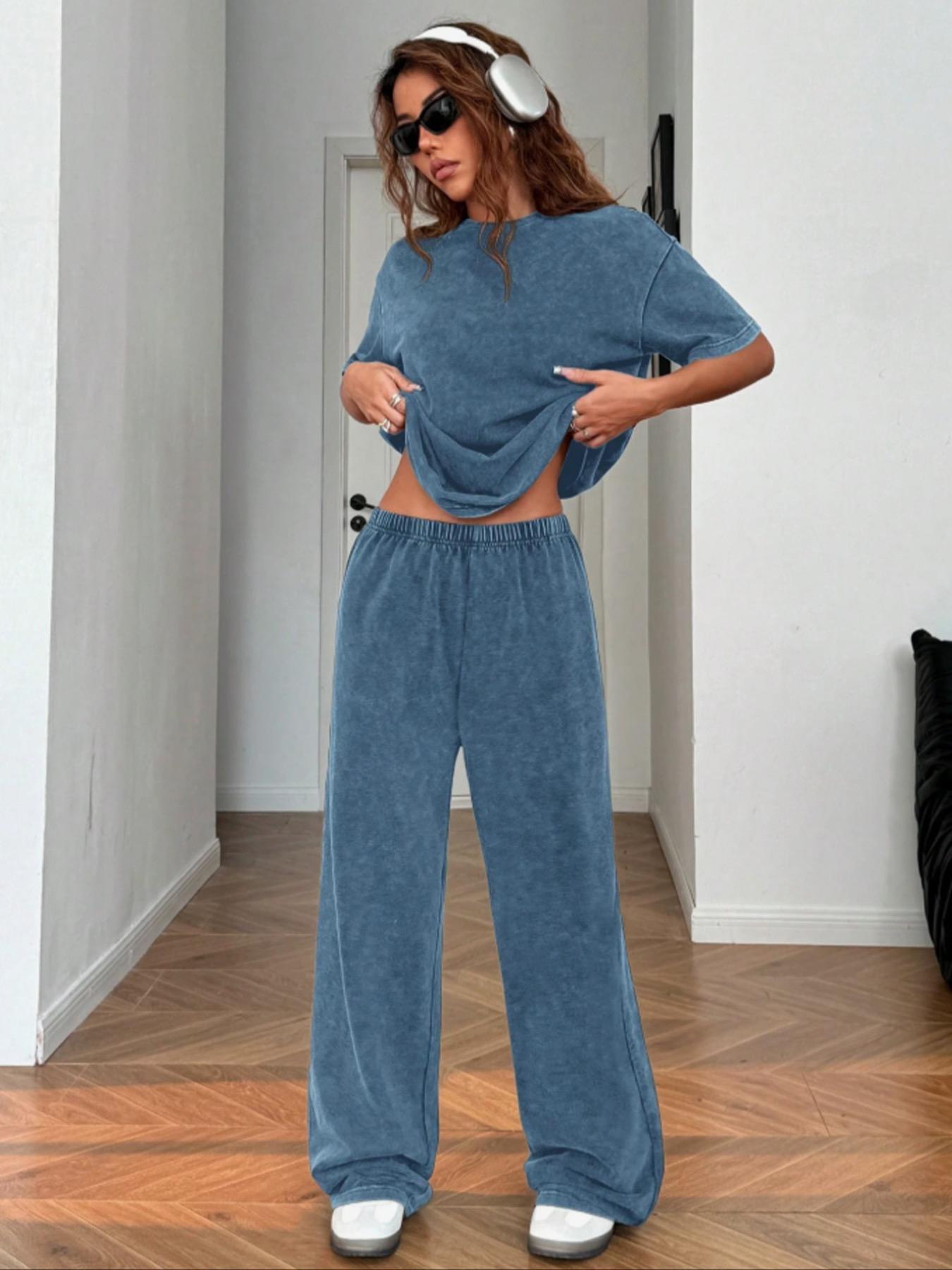 Women's Casual Loose Fit Acid Washed Cotton Short Sleeve T-Shirt and Long Pants Two-Piece Set, All Seasons, Plain Style