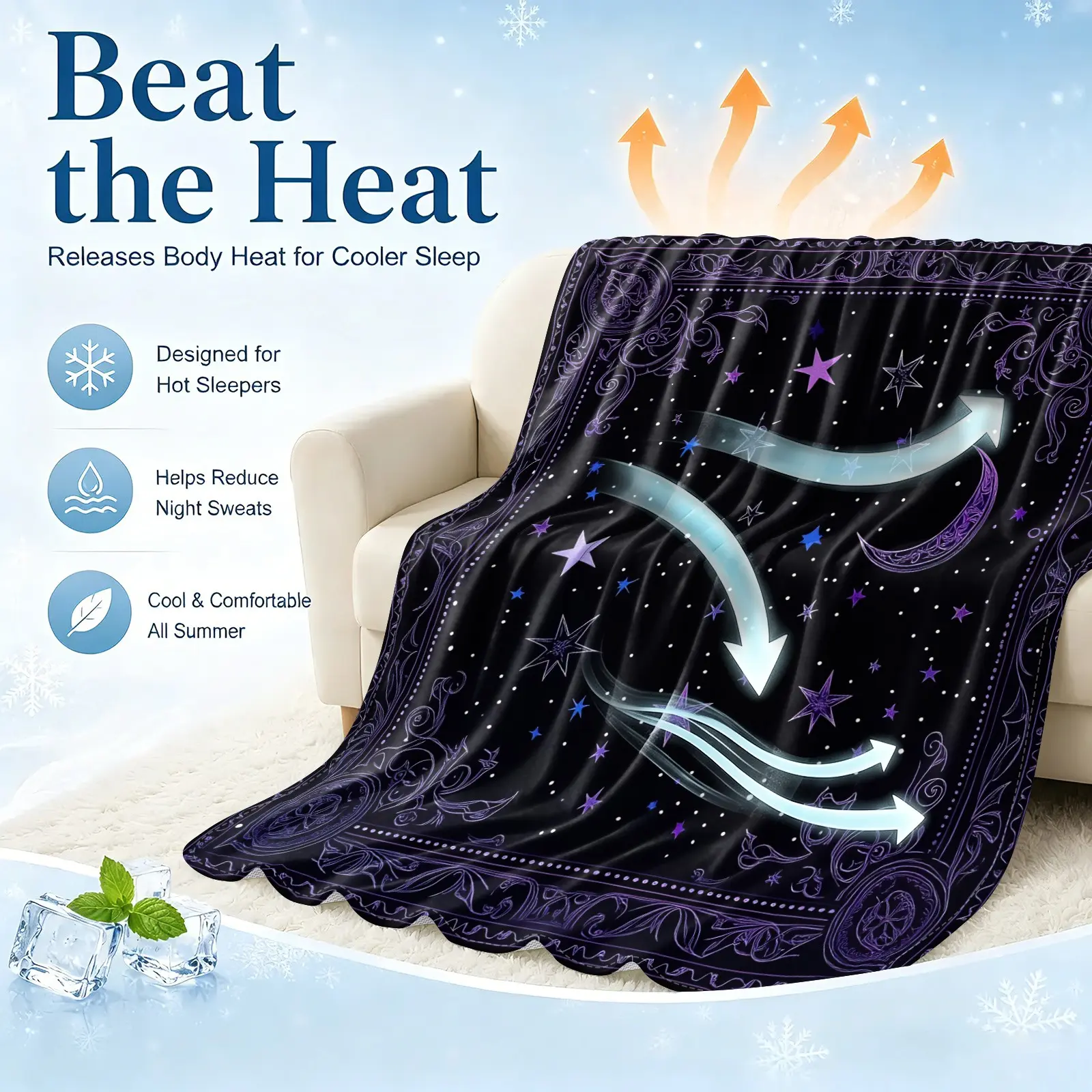 Purple Moon Star Cooling Blanket, Arc-Chill Icy Touch for Hot Sleepers, Lightweight Breathable Summer Cover, Multi-Purpose Sofa Bed Cover, Celestial Print for Bed Couch Travel, Summer Gift, Lightweight Graphic Throw Blanket