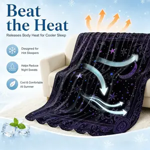 Purple Moon Star Cooling Blanket, Arc-Chill Icy Touch for Hot Sleepers, Lightweight Breathable Summer Cover, Multi-Purpose Sofa Bed Cover, Celestial Print for Bed Couch Travel, Summer Gift, Lightweight Throw Blanket