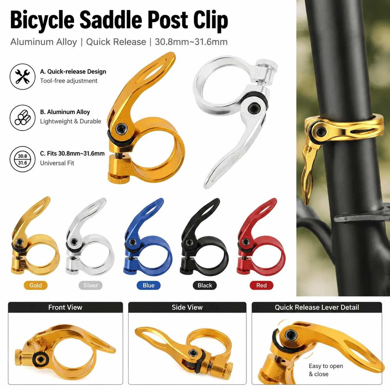 31.8mm Aluminum Alloy Quick-Release Seatpost Clamp 2-Pack, Lightweight Anti-Rust Bike Saddle Fastener Upgrade Bike Parts for Road Mountain Bikes, Tool-Free Maintenance High-Strength Locking Design Prevents Slipping