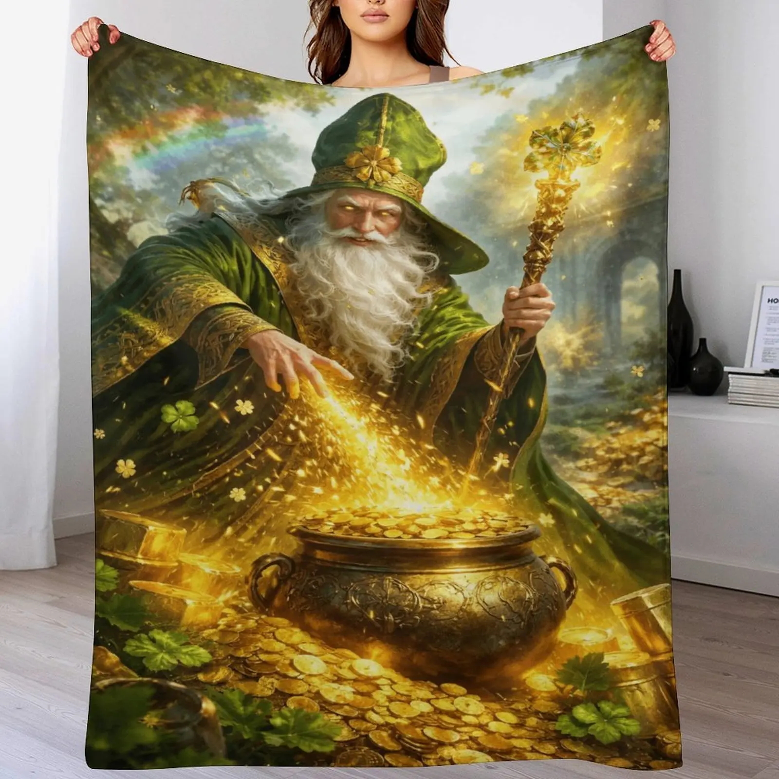 Irish Wizard Pot of Gold Fantasy Art Cozy Flannel Throw Blanket, Soft Warm Decorative Blanket for Couch Bedroom, St. Patrick's Day Lucky Gift