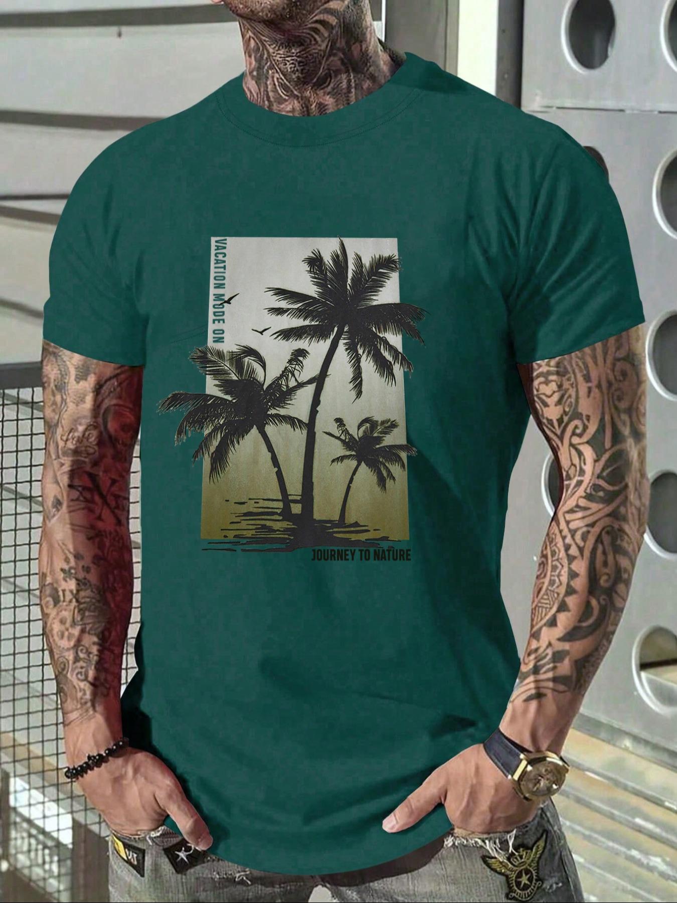 Men's Tropical Coconut Tree & Letter Print Drop Shoulder Sleep Tee, Regular Fit Casual Soft Comfortable Short Sleeve Round Neck PJ T-Shirt for Daily Wear, Sleepwear Loungewear Menswear for Men