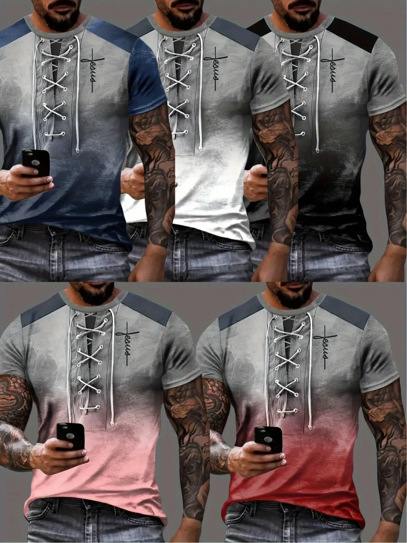 5-Pack Men's Gradient Rope Texture 3D Digital Print Fashion Streetwear T-Shirts, Casual Slim-Fit Crewneck Long T-Shirt for All Seasons