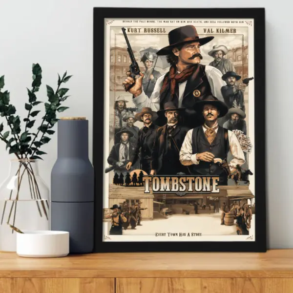 Tombstone Classic Western Film Canvas Wall Art Poster - Kurt Russell & Val Kilmer Inspired Framed Action Movie Print, Black Aluminum Frame, Home Office Man Cave Decor Gift for Western Movie Fans