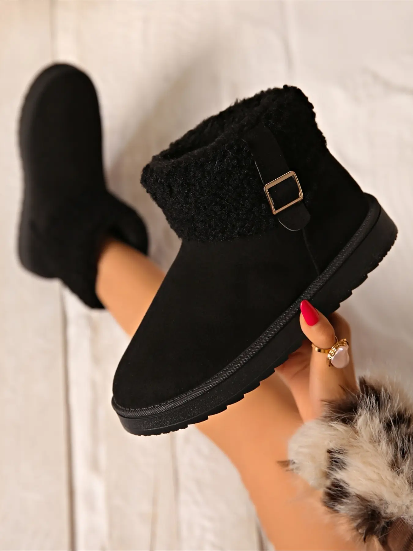 Cuffed fleece ankle snow boots with side metal buckle warm thick anti-slip sole multi-color winter slip-on women shoes