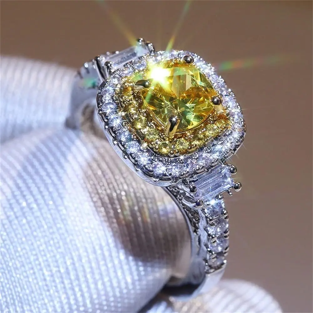 925 Sterling Silver Full Diamond Ring 18K Gold Shiny Citrine Ring Square Cut Cubic Zirconia Promise Rings CZ Yellow Gem Cocktail Rings Eternity Engagement Wedding Band Ring  Women Z.46 (US Code 7) New model
