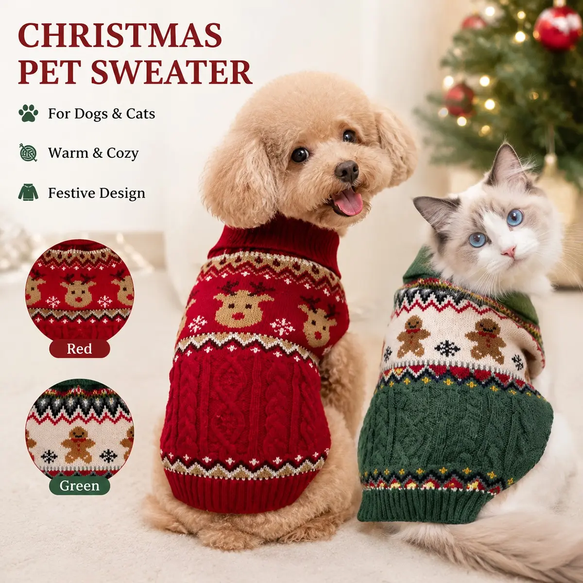 Festive Christmas Dog Turtleneck Sweater, Vintage Fair Isle Gingerbread Man & Reindeer Knit, Soft Stretch Warm Acrylic, 2 Colors