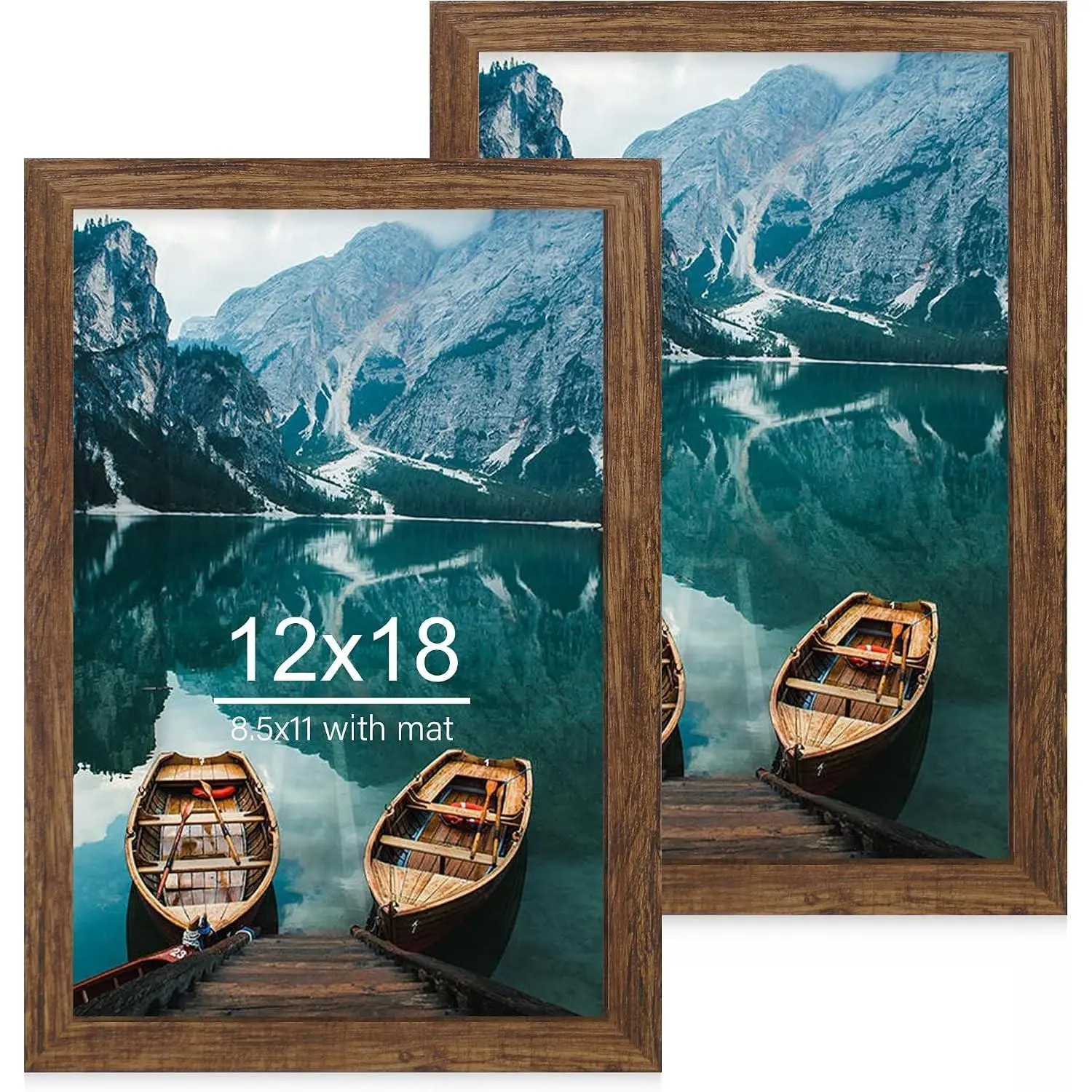 12x18 Picture Frame Set of 2, Rustic Brown Wood Style, Display 12 x 18 Poster Without Mat or 8.5x11 Photo With Mat, Horizontal & Vertical Wall Mounting