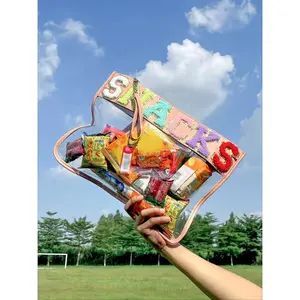 Large Clear PVC Pouch with Chenille Letters - Trendy Beach Travel Snack Bag, Waterproof Zipper Toiletry Makeup Bag for Women, Aesthetic Storage Pouch