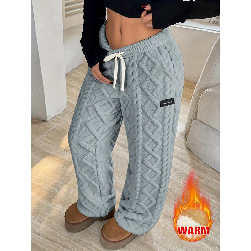 Women's Loose Thick Warm Winter Pants Adjustable Drawstring, Velvet Jacquard Fabric, Full Length Casual Home Outdoor Trousers, Machine Washable Lady Bottoms