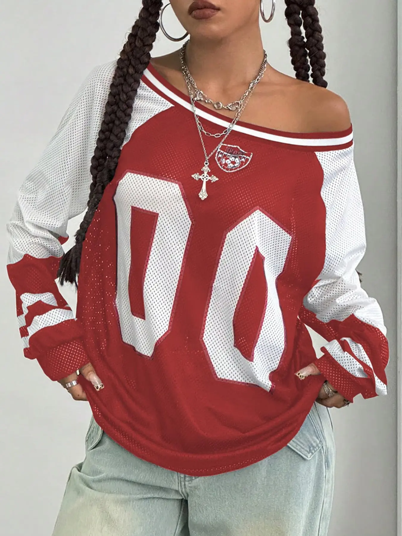 2026 Streetwear Spliced Mesh Off Shoulder Jersey Top | Black / Red / Green Big Number Graphic Long Sleeve, Loose Fit, Casual Chic Streetwear, Casual Street Fashion | Casual Home & Daily Tee for Women
