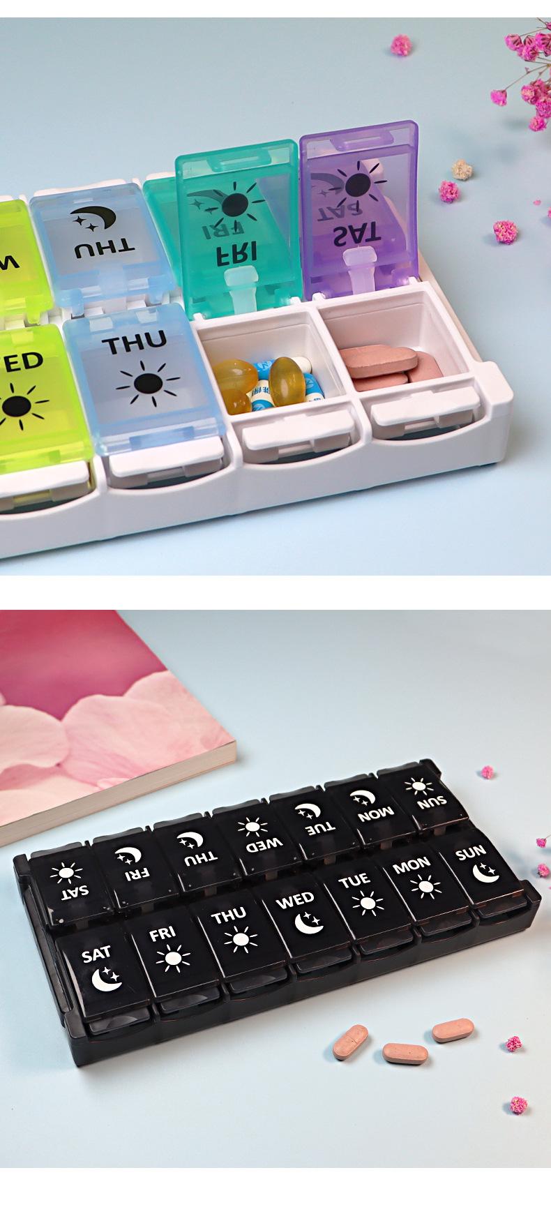 Rainbow Pill Dispensing Box 14-Compartment Press-Open 7-Day Colorful Pill Box Double Row Pop-Up Storage Easy Quick-Load Pill Box Household Portable Medicine Storage Box Dopamine Pill Boxes Large -Capacity Pill Dispensing Box Home