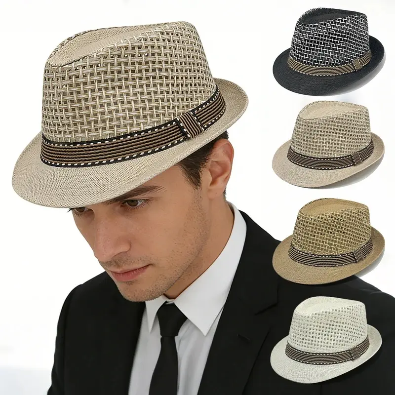 Unisex Straw Short Brim Fedora Hat - Retro British Jazz Style, Outdoor Sunscreen Sports & Outdoor Accessory, Straw/Poly Material, 1 Size, Summer Beach Use, One Size
