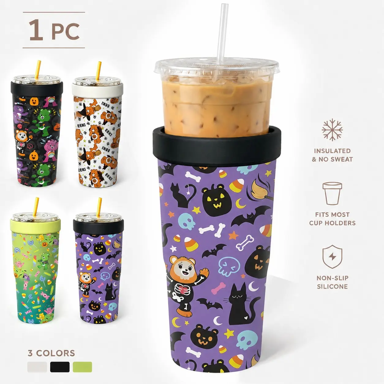 1 Pc 32oz Cute Halloween Teddy Bear Print 2-in-1 Insulated Can Cooler, Includes Tumbler Lid, Converts into a 32oz Travel Tumbler, Double Wall Vacuum Stainless Steel, Fits Most 16-24oz To-Go Coffee & Bubble Tea Cups, Perfect for Halloween, Christmas & Dail