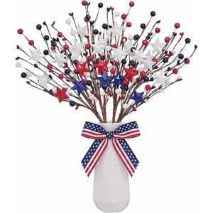 4 Pcs 4th of July Decorations Star Sprays, Red White and Blue Patriotic Decorations, Memorial Day & Fourth of July Outdoor Stems for Table Farmhouse Decor Home Office Restaurant Vase Decor