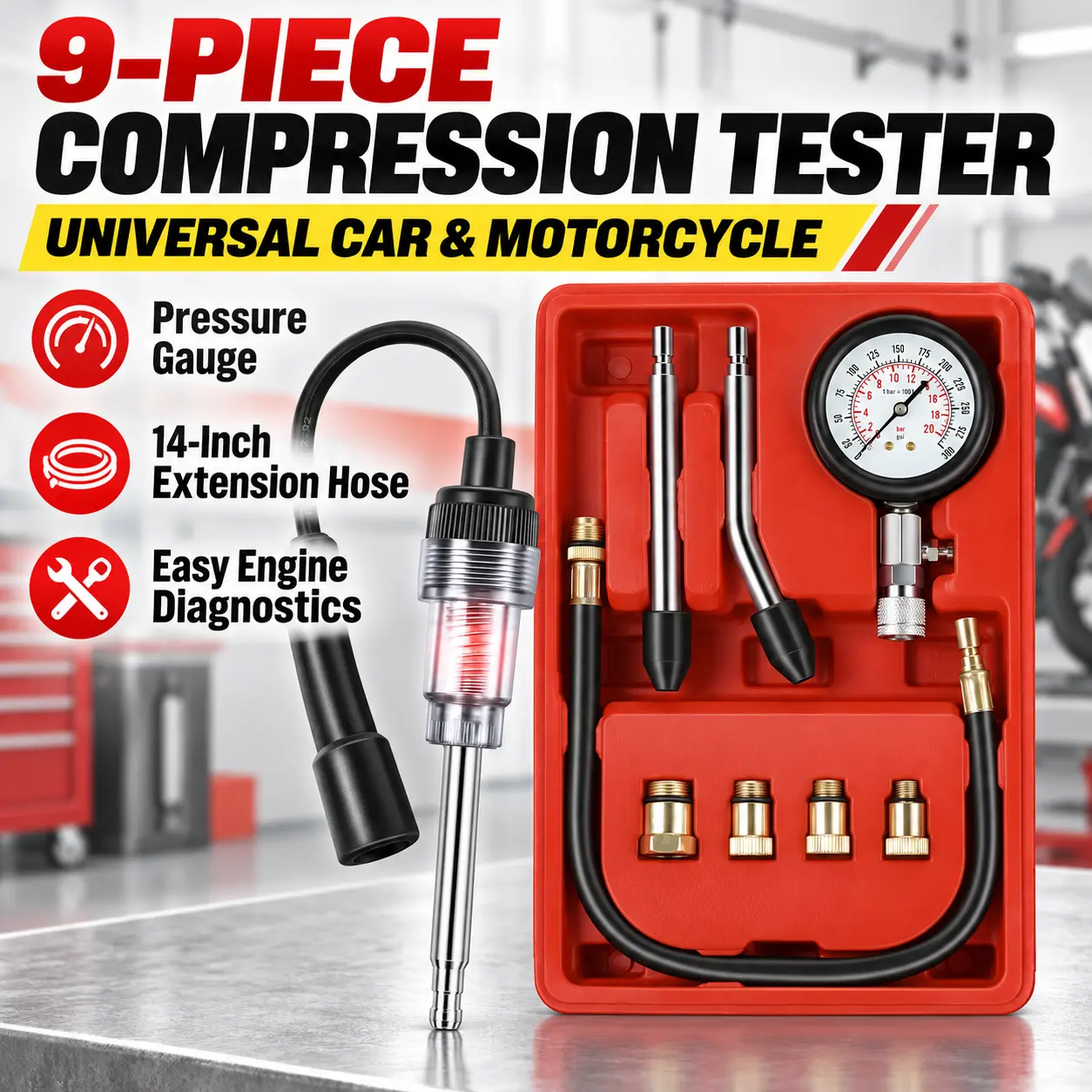 9-Piece Automotive Compression Tester Kit with Spark Plug Adapters, Cylinder Pressure Gauge, Extension Hose and Brass Fittings for Cars and Motorcycles