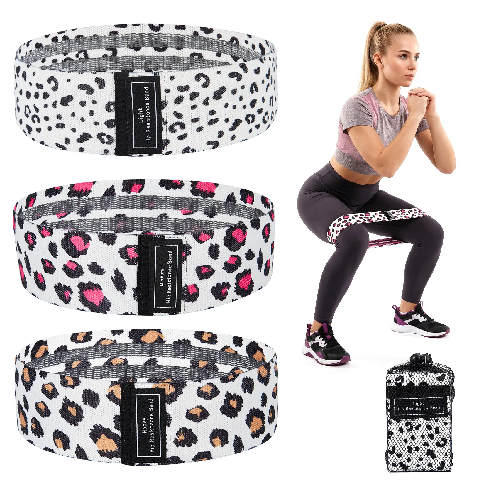 Non-Slip Fabric Resistance Bands Set, 6-Pack Workout Loop Bands - Light/Medium/Heavy Levels - Glutes, Legs & Full Body Training - Home Gym, Yoga & Pilates - Gradient/Gray Leopard