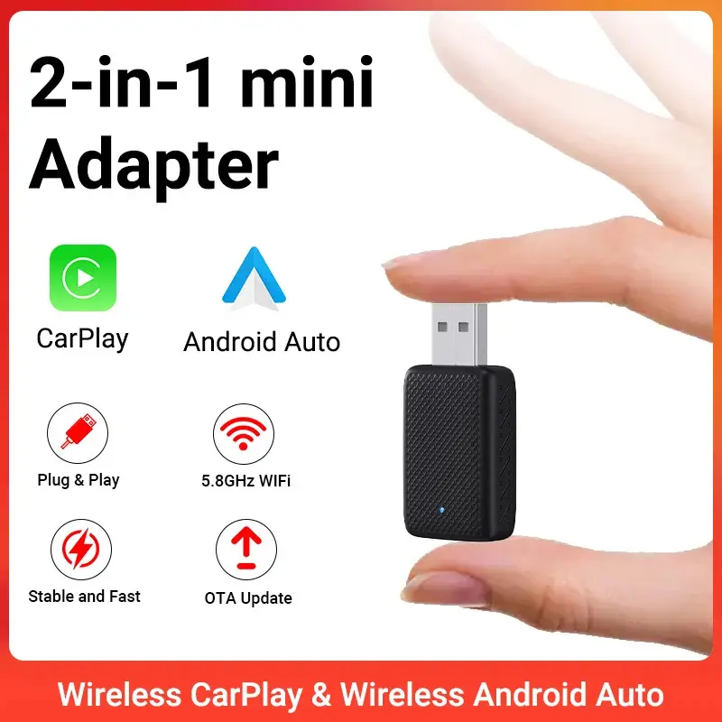 2-in-1 Wireless CarPlay Android Auto Adapter - Wired to Wireless Car Screen Upgrade, 5GHz WiFi, Plug & Play Outdoor Travel Gear for Road Trips
