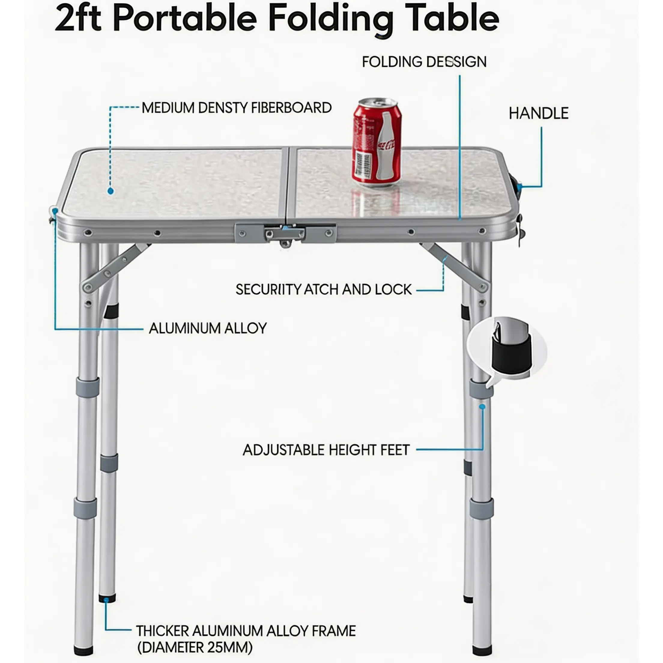 Aluminum Folding Table 24"L x16"W, Small Portable Height Adjustable Camping Table, Lightweight Indoor Outdoor Foldable Desk for Picnic Travel BBQ Backyard