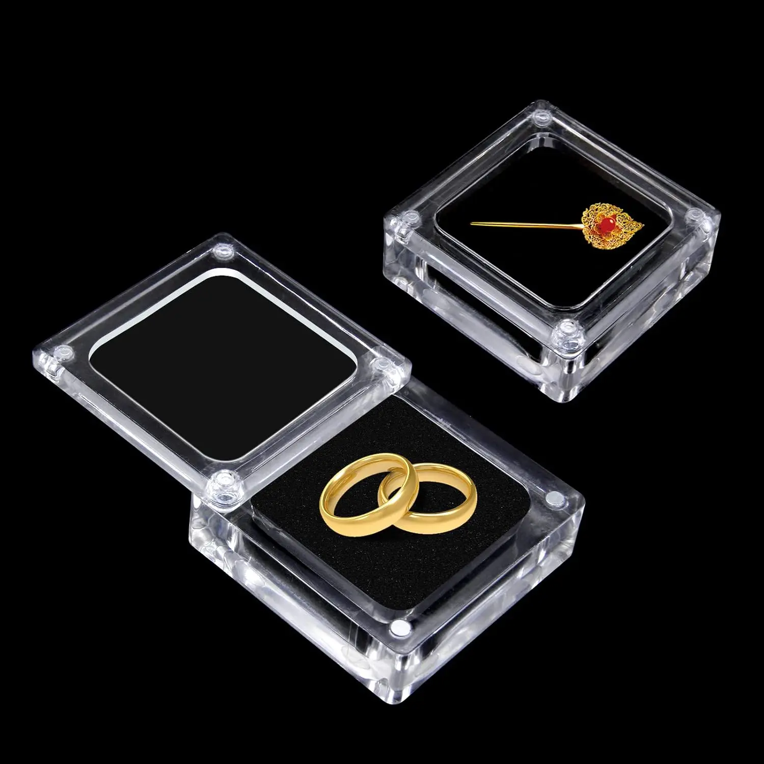 Display Box with Clear Lid, Fits Rings & Necklaces | 2pack small clear   box,  self-closing lid & sponge insert, for , rings, necklaces & bracelets