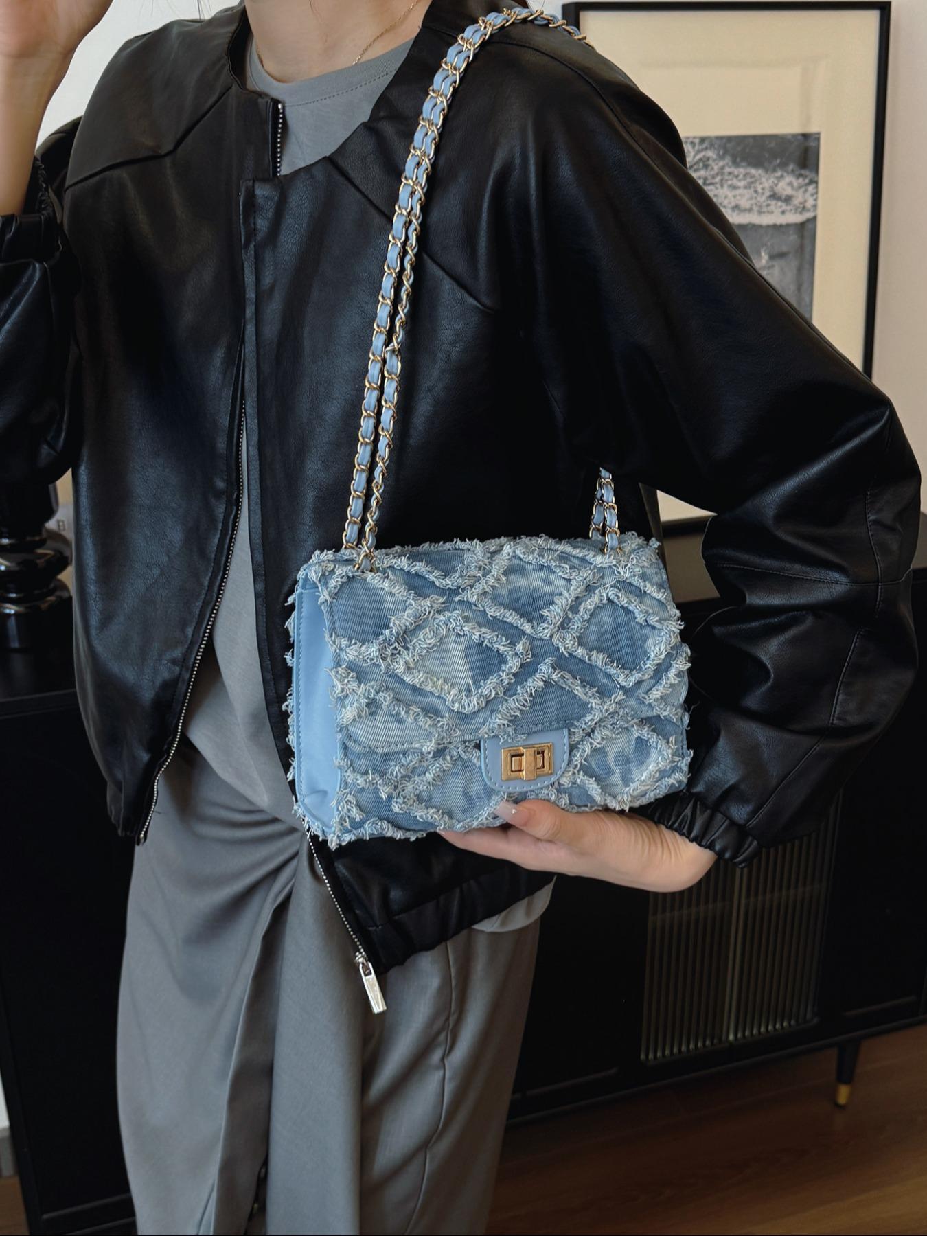 Women's Fashion Chain Strap Denim Rhombus Rough Edge Shoulder Bag, Casual Versatile Solid Color Underarm Bag, Trendy Daily Commuting Bag, Girl Fashionable Bag, Denim Crossbody Bags