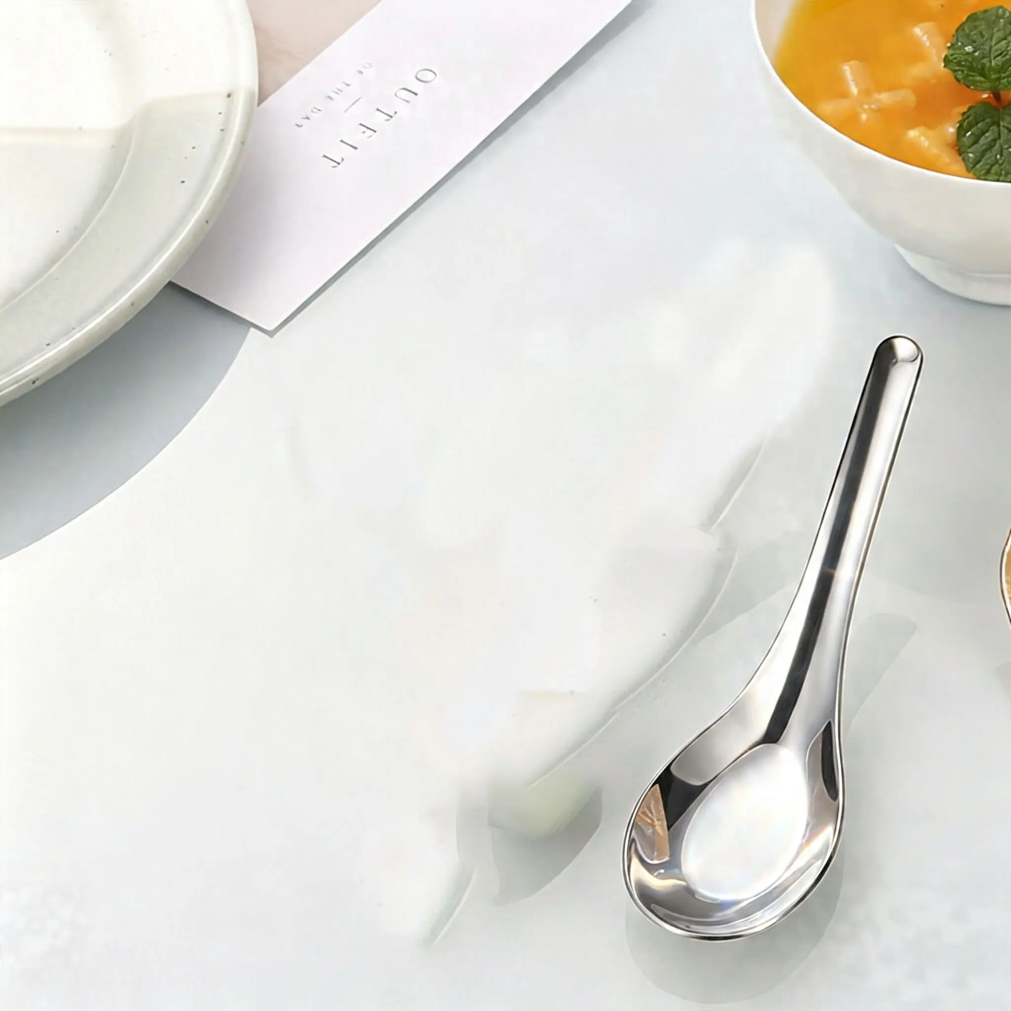 Stainless Steel Soup Spoon, Chinese Style Ladle, Household Flat-bottomed Ladle, Golden Soup Ladle, Student Cafeteria Eating Ladle.