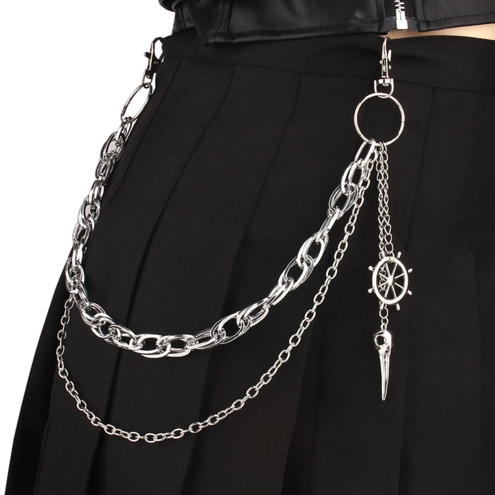 Pants Chain Accessory, Harajuku Layered Silver Waist Chain, Pirate Ship Wheel Spike Pendant Trouser Chain, Metal Clip Double Layer Jean Skirt Chain, Anti-rust Detachable Fashion Body Jewelry, For Punk Streetwear Gothic Hip Hop Daily Ou