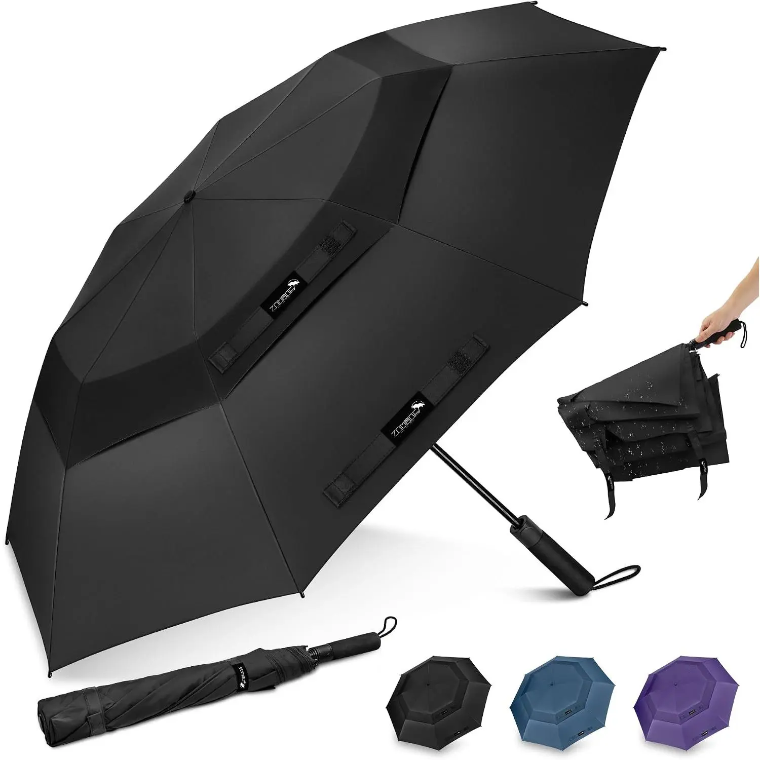 Large Compact Golf Umbrella Windproof 54/62 Inch, Portable Golf Umbrellas Double Canopy Vented Automatic Open Collapsible Travel Umbrella for Men Women