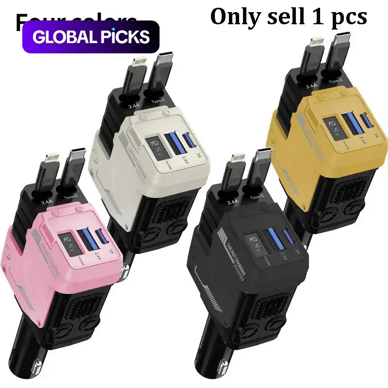 【Black Friday】4-in-1 Fast Charging Car Charger with Dual Retractable Cables and Digital Display, USB Car Charger, Compatible with iPhone, Samsung and iPad #GLOBAL PICKS