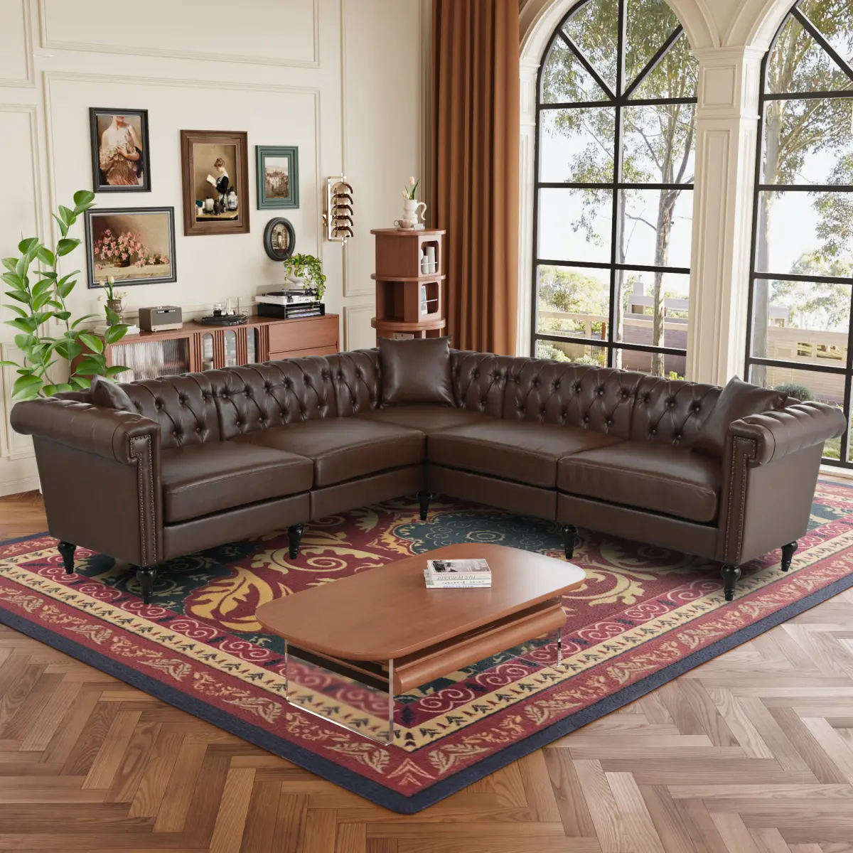 Aobtkel 5-Seat L-Shaped Reversible Artificial Leather Chesterfield Sectional Couch - Tufted Comfy Cloud Sofa with Rolled Arms, Nailhead Trim, Cushion, 192lbs-208lbs Capacity for Living Room Modern Furniture (Dark Brown)