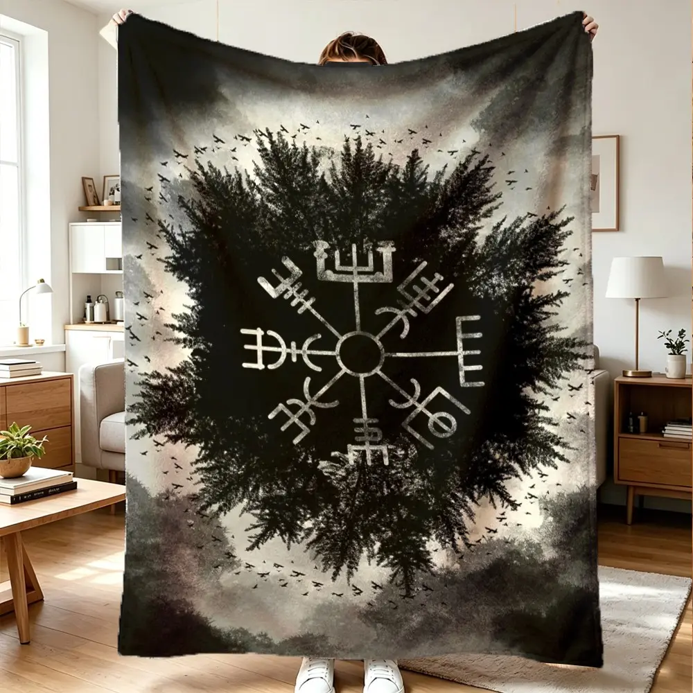 Nordic Viking Rune Fleece Blanket, 100% Polyester, Lightweight, Comfortable All Seasons, Ideal Gift for Men, Casual Style
