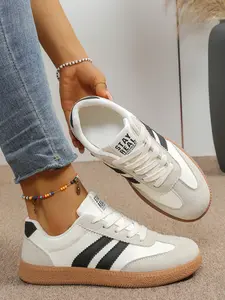 Women's Fall New Round Toe Flat Low Top Shoes, Laces Patch Design, Comfortable Lightweight Casual Shoes, Outdoor Walking, Board Shoes, Training Shoes