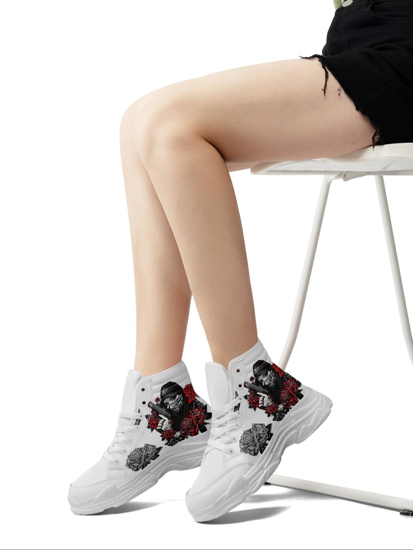 Women's Fashionable Rose & Lady Pattern Lace Up High Top Sneakers, Casual Comfortable Sports Shoes for Daily Wear, Breathable Non-slip Shoes for All Seasons