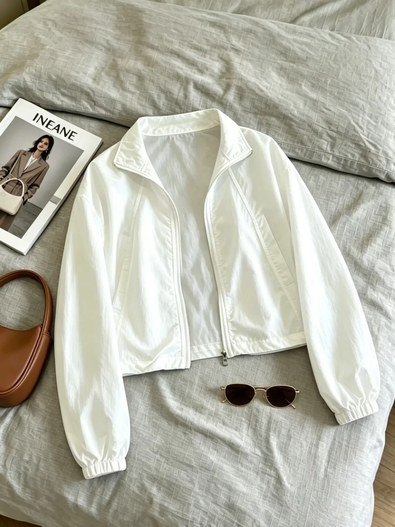 A women's fashionable pure white stand up collar zipper jacket, Casual Fashionable Outerwear, with lightweight and slightly wrinkled sleeves and side pockets, suitable for commuting, outdoor play, indoor and outdoor wear