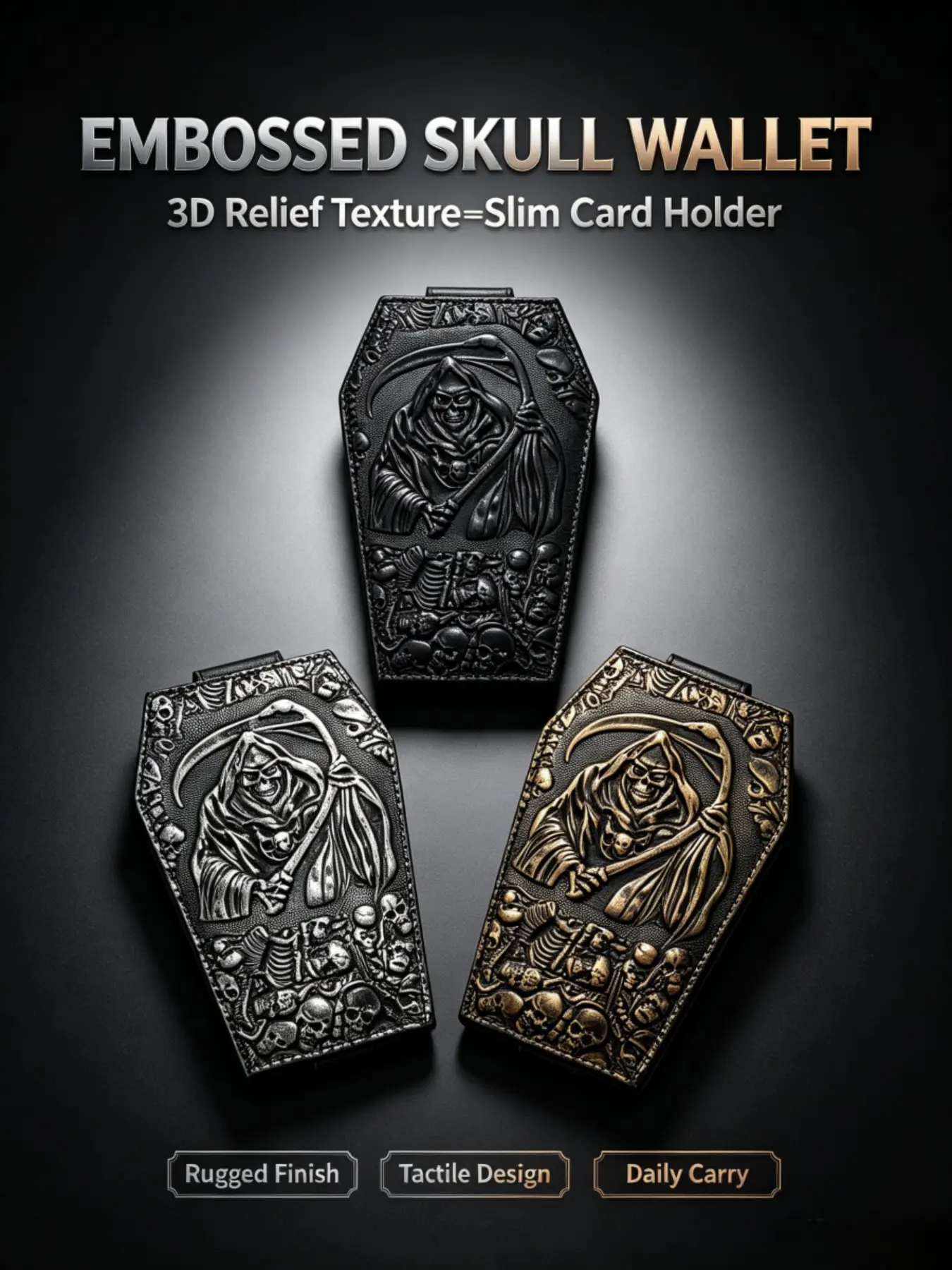 Gothic Style Death God Scythe Coffin Embossed Card Case, 3D Texture, Halloween Accessory, PU Leather Tool Bag, Trendy Streetwear Essential
